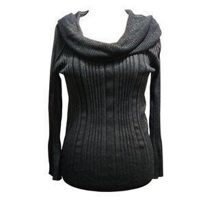GNW L Womens Black Sweater Ribbed Metallic Cowl Neck Stretch Knit Top Shimmery